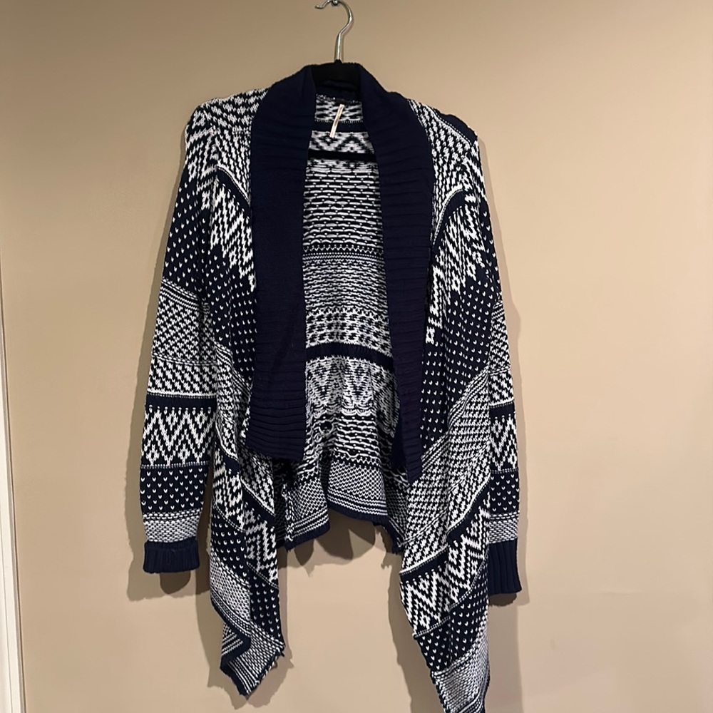 Large Navy White Cardigan Sweater